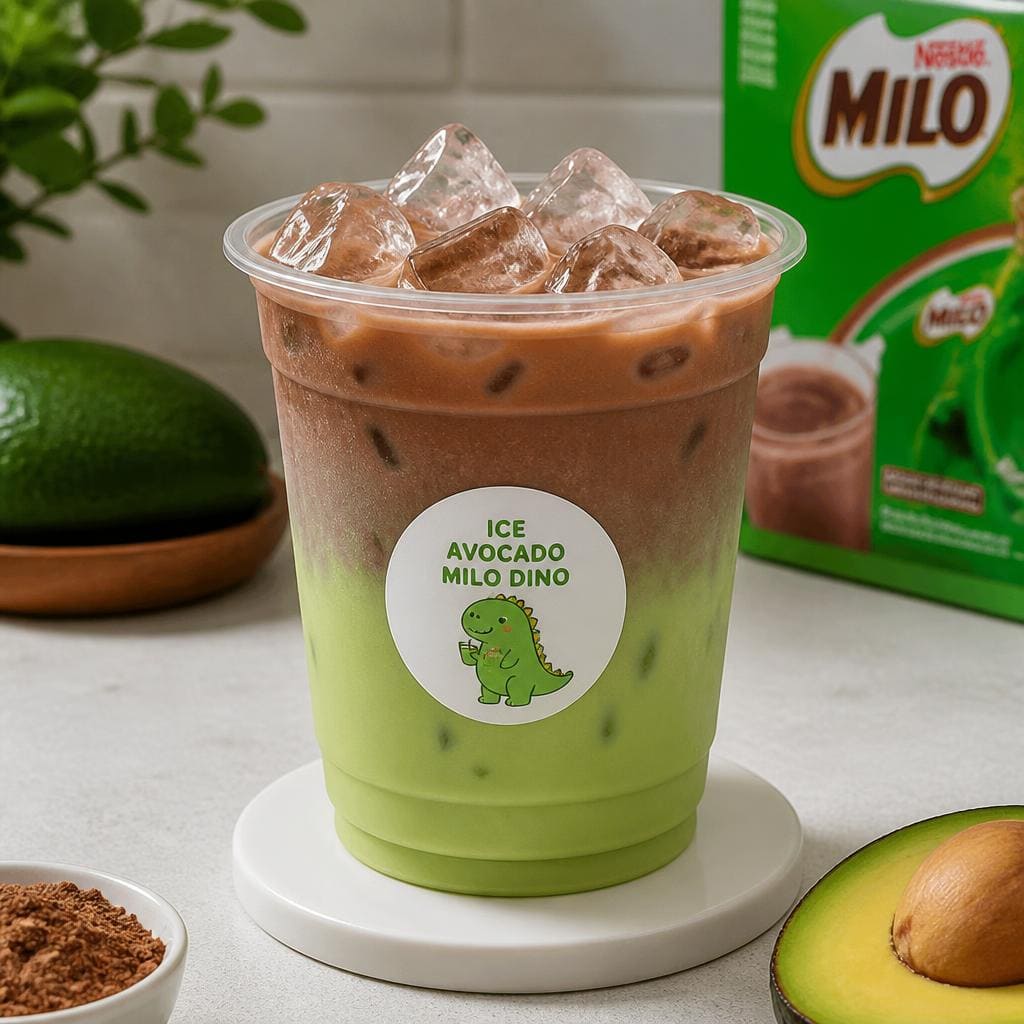 Ice Avocado Milo Dino Kopi Ruang Hati dengan avocado extract milo powder simple syrup dan milk